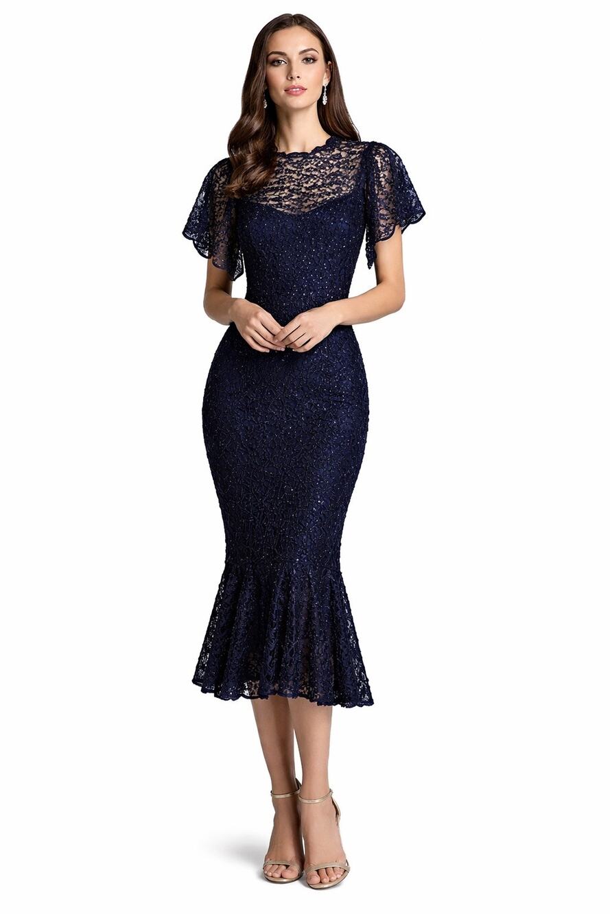 Nicole Bakti 663 2010s Navy Beaded Lace Mermaid Scalloped Flutter Sleeve dress 8